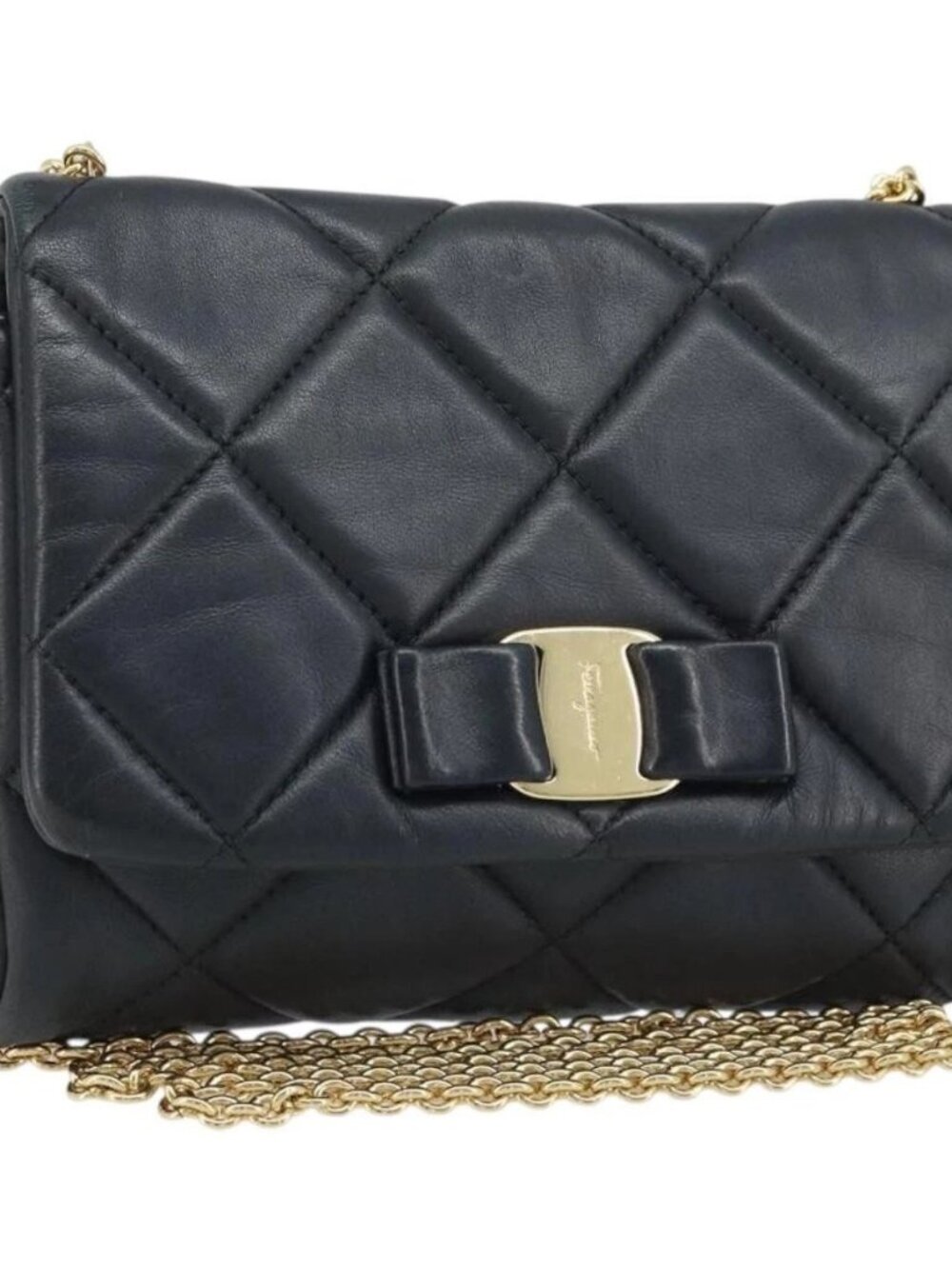 Salvatore Ferragamo Vala Chain Shoulder Bag Leather Black Gold Auth ARZ421A - Picture 2 of 16